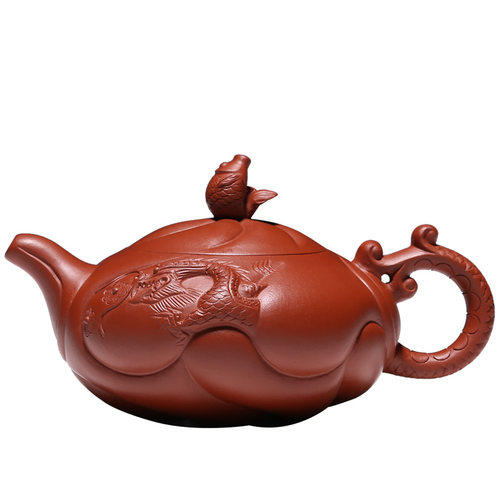 御壶 宜兴名家全纯手工紫砂壶茶壶茶具 原矿朱泥鱼化龙壶鱼跃龙门 - 图3