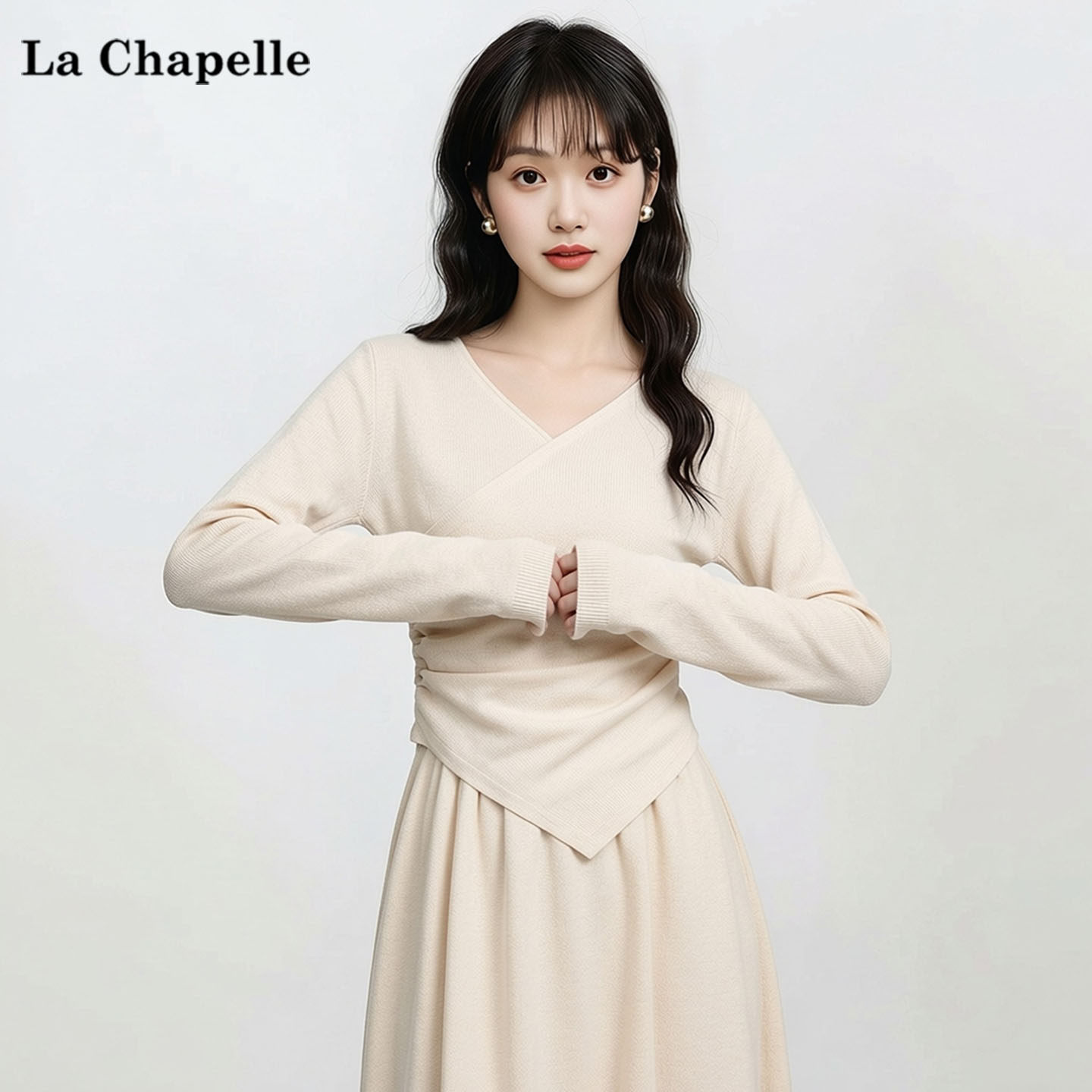 拉夏贝尔2025年冬季修身V领不规则长袖上衣女高腰半身裙两件套装,淘宝优惠券,粉丝福利购,淘宝优惠卷