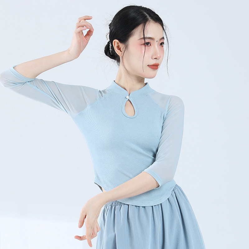 古典舞服拼接纱袖气质修身上衣中国风现代舞民族舞服装练功服女 - 图2