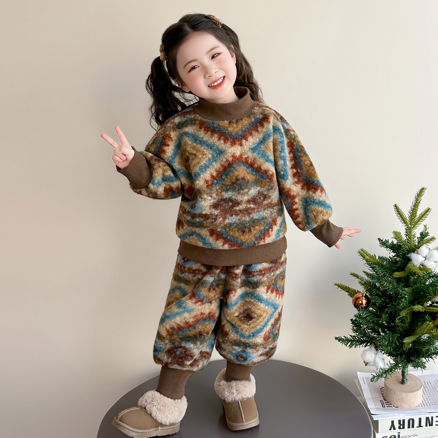 儿童冬季睡衣女童民族风双层加绒加厚格子套装宝宝羊羔绒毛毛衣服,淘宝优惠券,粉丝福利购,淘宝优惠卷