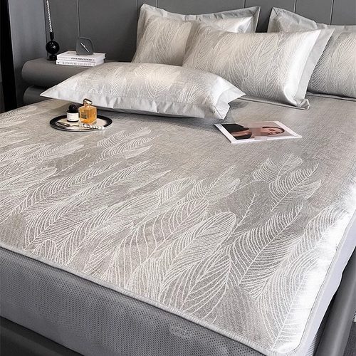 夏季轻奢风可水洗冰丝凉席三件套可折叠凉感床笠款床席款空调席子 - 图1