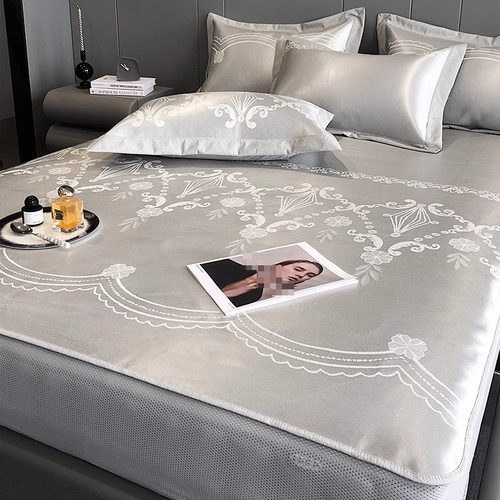 夏季轻奢风可水洗冰丝凉席三件套可折叠凉感床笠款床席款空调席子 - 图0