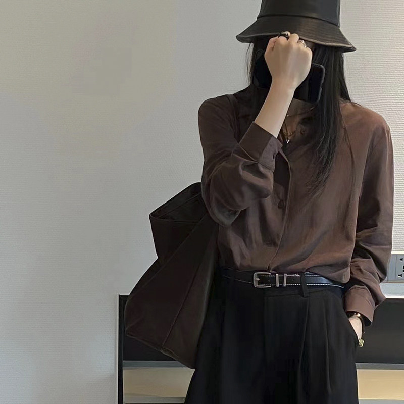 抗皱内搭天丝棉衬衫女宽松长袖简约气质咖啡纯色衬衣2025春秋新款,淘宝优惠券,粉丝福利购,淘宝优惠卷