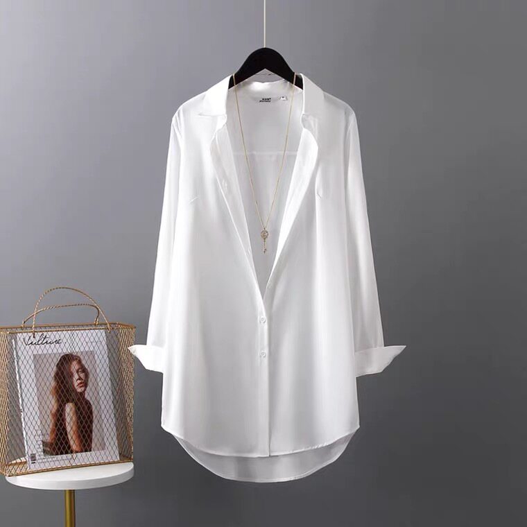 白中长款雪纺衬衫女2026年春夏秋季新款性感衬衣打底宽松长袖上衣,淘宝优惠券,粉丝福利购,淘宝优惠卷