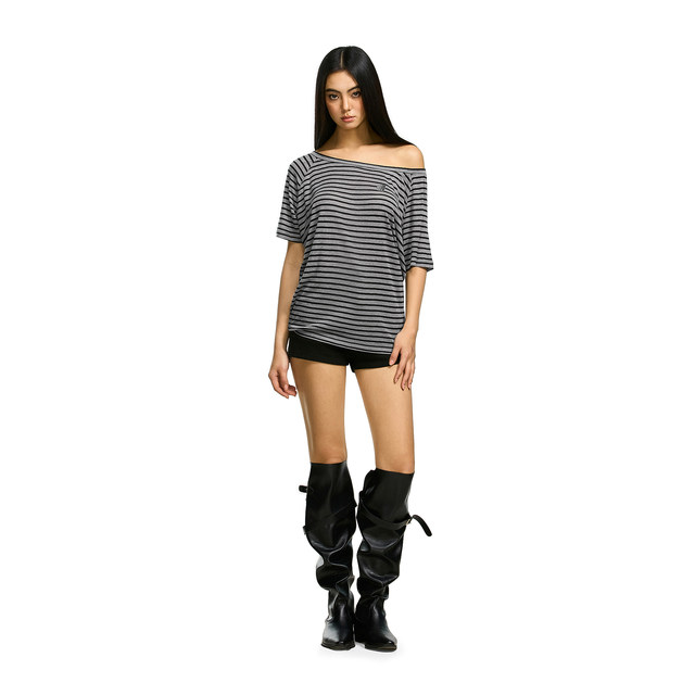 FDR official store striped blouse with off-shoulder short sleeves