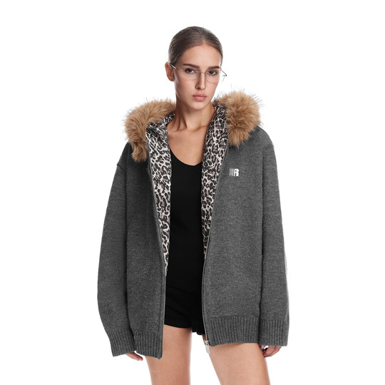 FDR official store fur collar leopard print sweater jacket