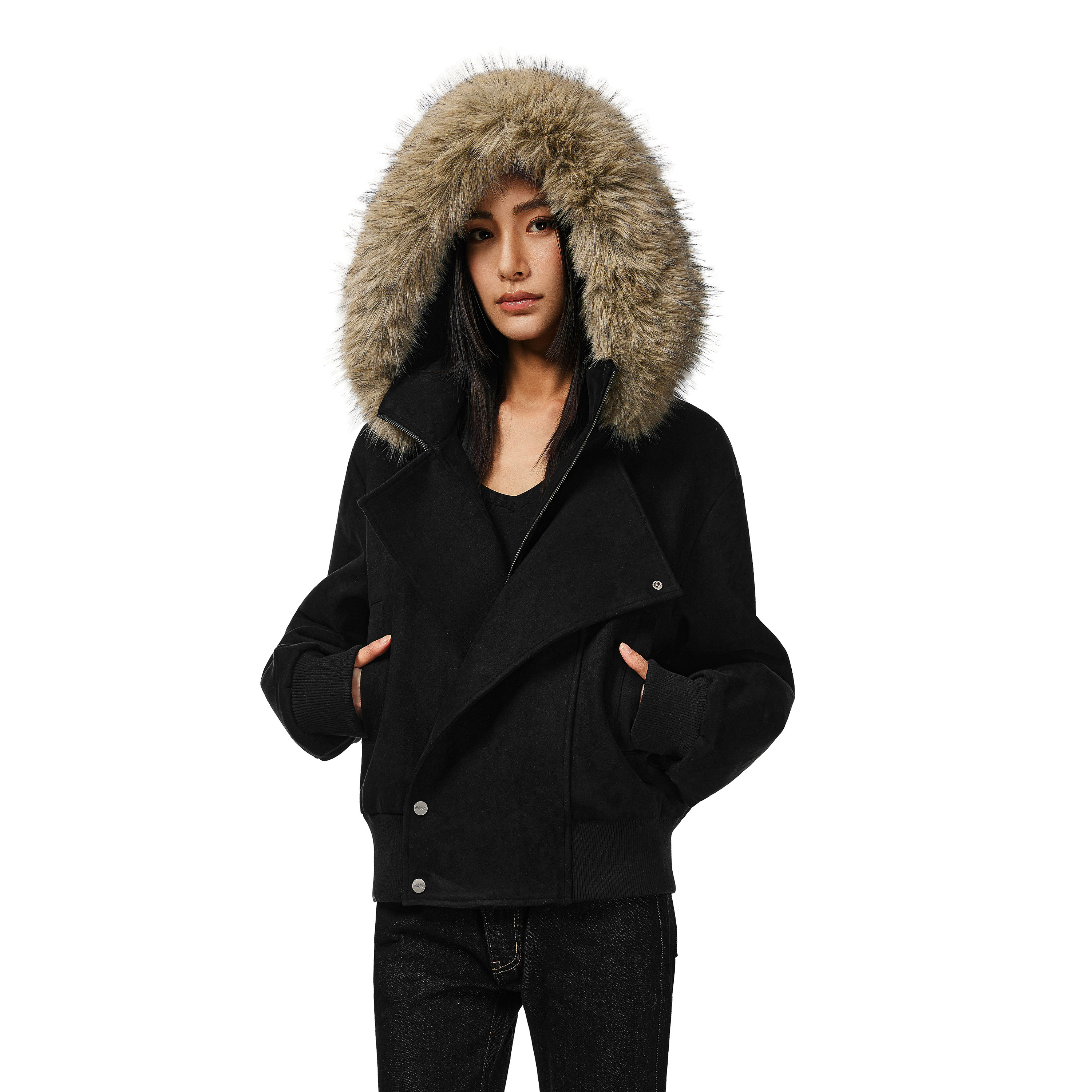 FDR官方店 斜门襟连帽加厚仿麂皮夹克上衣秋冬可拆卸毛领外套女,淘宝优惠券,粉丝福利购,淘宝优惠卷