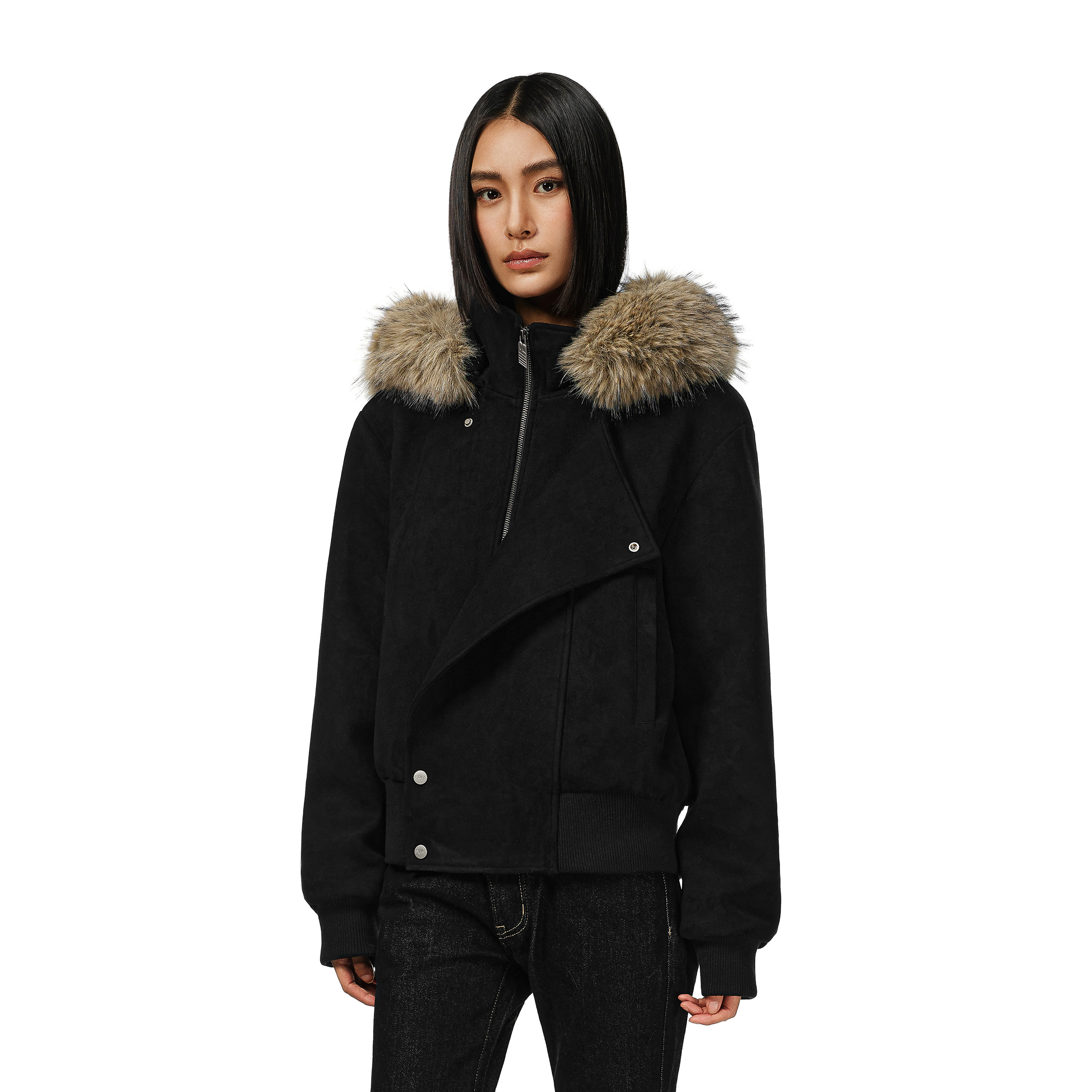 FDR官方店 斜门襟连帽加厚仿麂皮夹克上衣秋冬可拆卸毛领外套女,淘宝优惠券,粉丝福利购,淘宝优惠卷