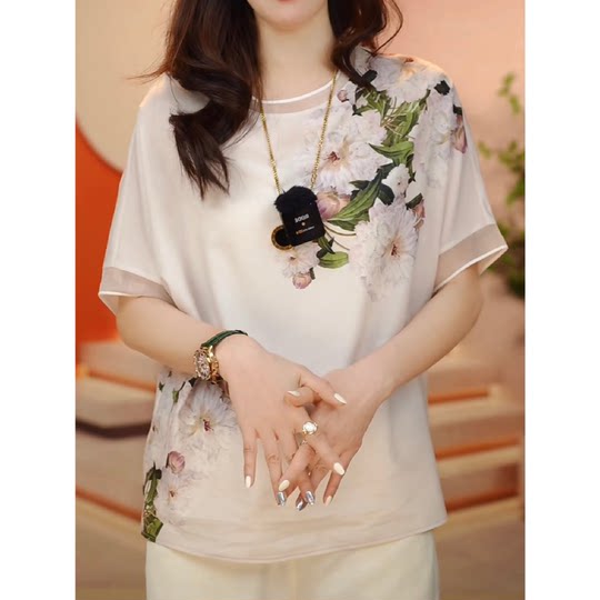 High-end short-sleeved chiffon printed t-shirt for women