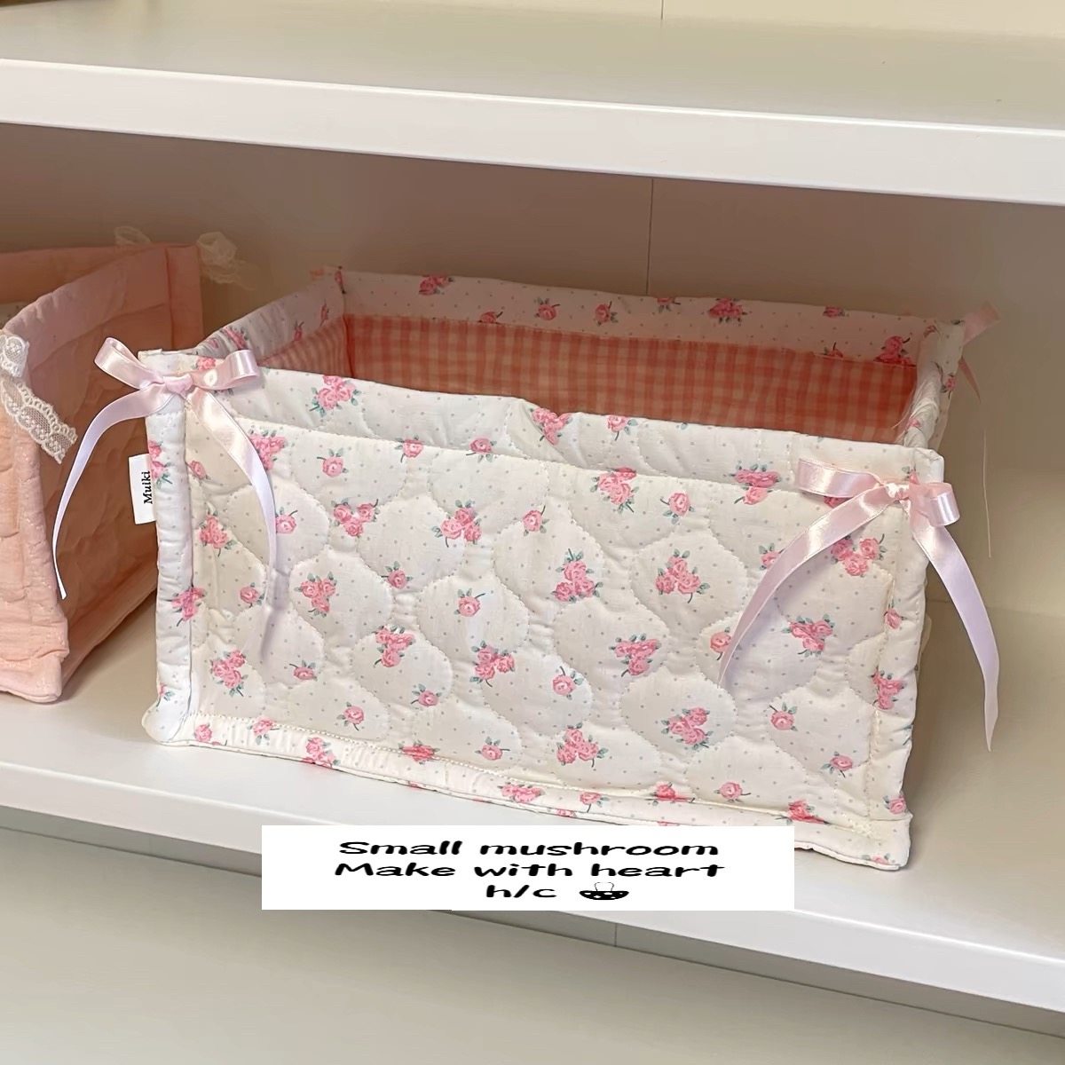 爱心绗缝收纳篮自制面料桌面收纳盒蝴蝶结织物立体整理篮小号ins,淘宝优惠券,粉丝福利购,淘宝优惠卷