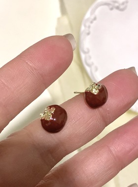 滴釉红色柿柿如意耳钉女秋冬轻奢高级感耳环小众耳饰2025新款爆款