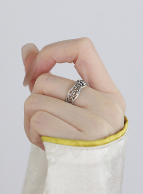 925银中国风镂空小花叶子戒指女