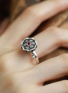 925银民族风六字真言转动戒指女
