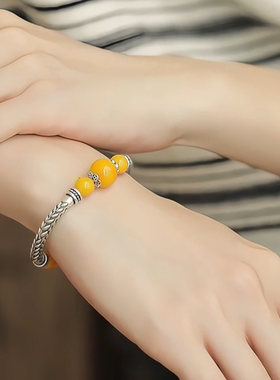 925银国风蜜蜡叶子弯管小众手串