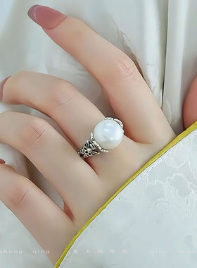 925银复古民族风格桑花珍珠戒指