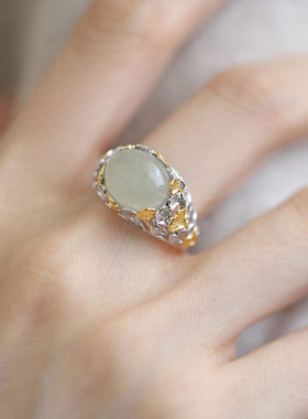 925银民族风白玉杏叶小众戒指女