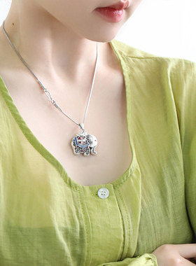 925银民族风珐琅吉象吊坠项链女