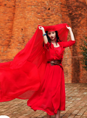 纯色旅游披肩大红跳舞聚会丝巾女