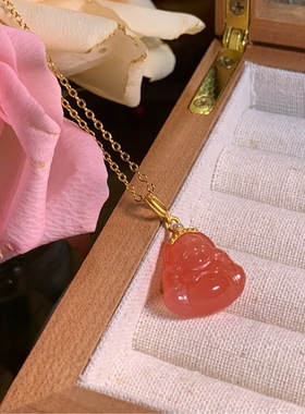 天然绯红佛公小吊坠小众感弥勒佛南红项链送女友生日礼强推