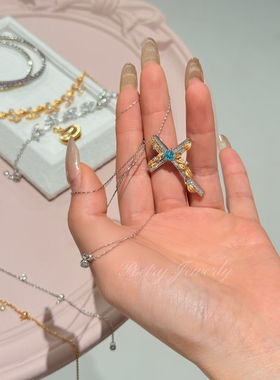 【缠绕藤蔓】S925纯银爱心蓝宝石十字架项链女小众锁骨18k锁骨链