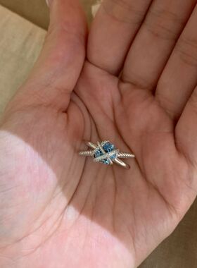 S925纯银星光结绳结蓝钻爱心戒指女款轻奢中古风高级指环甜美清新
