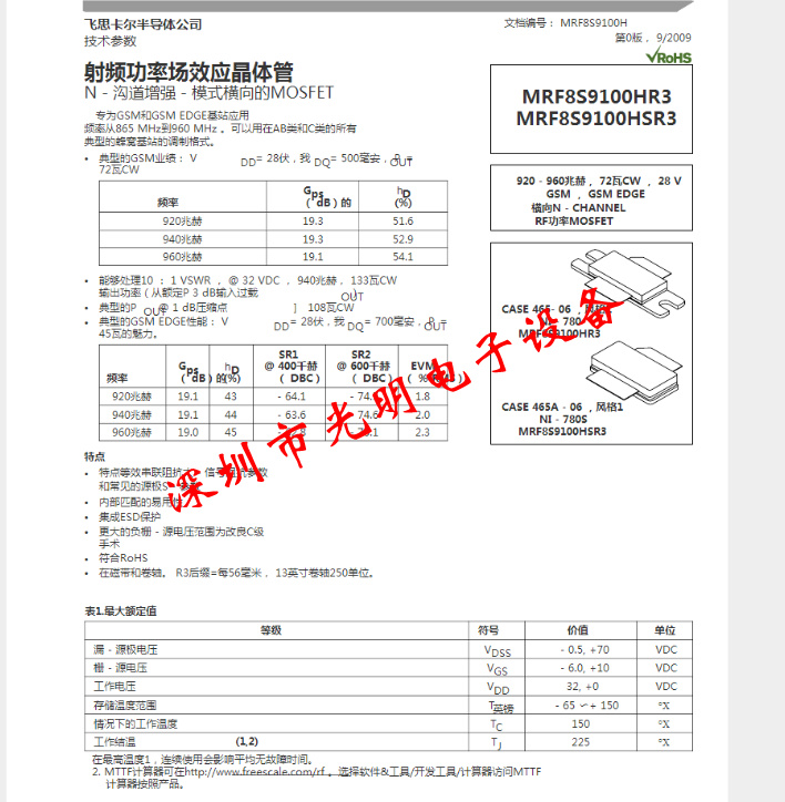 原装热卖高频MRF8S9100HS 品质保证 高频管微波射频管诚信经营 - 图0