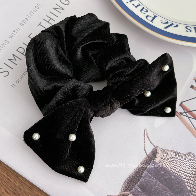 细腻的黑色丝绒发圈~韩国高级感蝴蝶结发绳 法式气质小珍珠大肠圈 - 图1