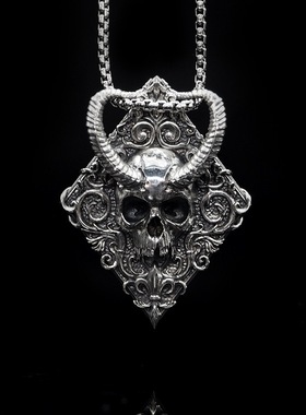 克系黑山羊骷髅方牌项链男欧美朋克风暗黑系潮流小众吊坠配饰独特