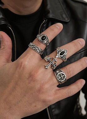 复古黑色十字架5件套戒指套装男机车风嘻哈潮流朋克暗黑系指环