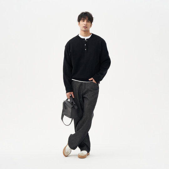 LEZORA 超细美丽奴cashmere山羊绒 秋冬宽松亨利领保暖针织衫男