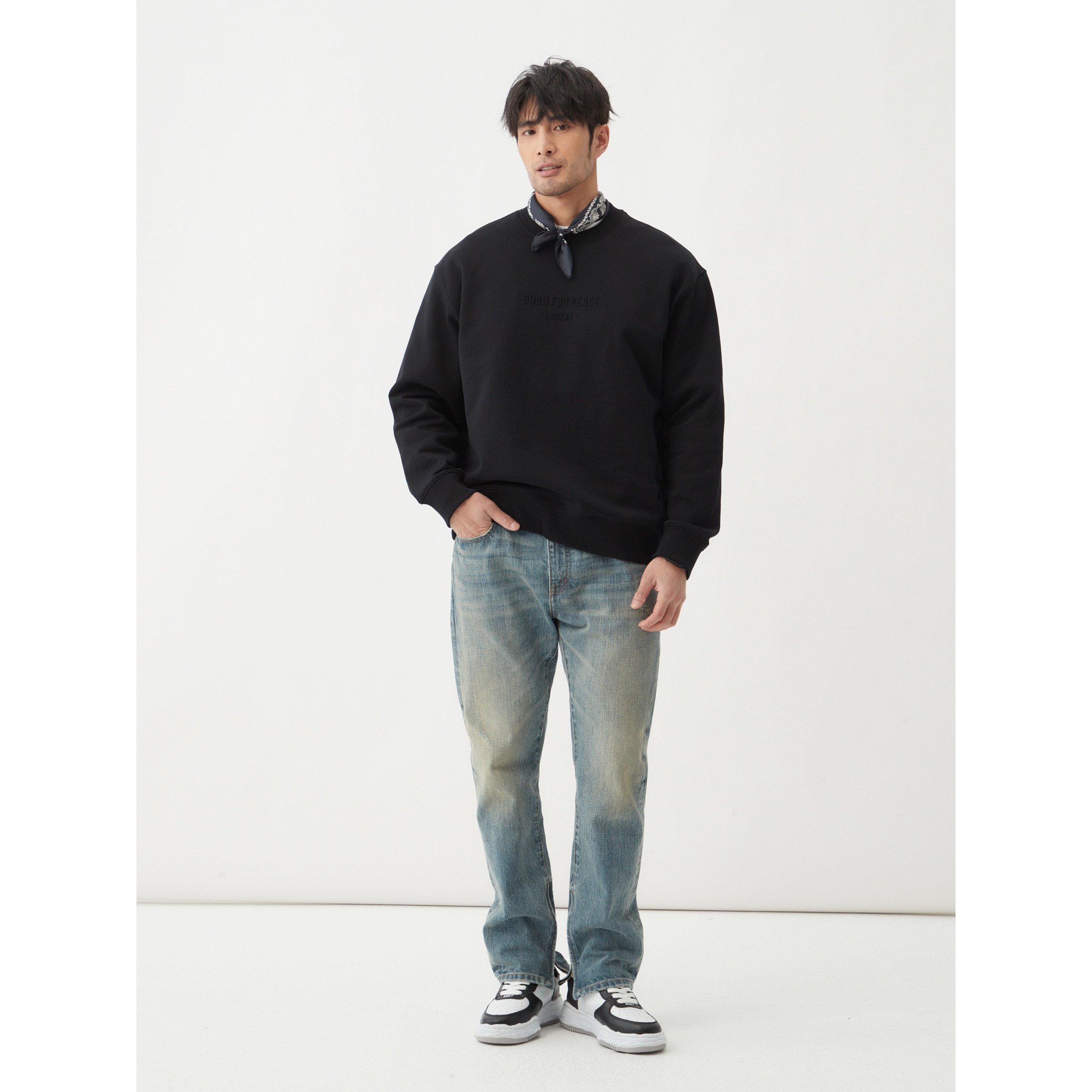 LEZORA 定织巴黎家400g毛圈棉 凸印字母廓形圆领卫衣男 - 图1