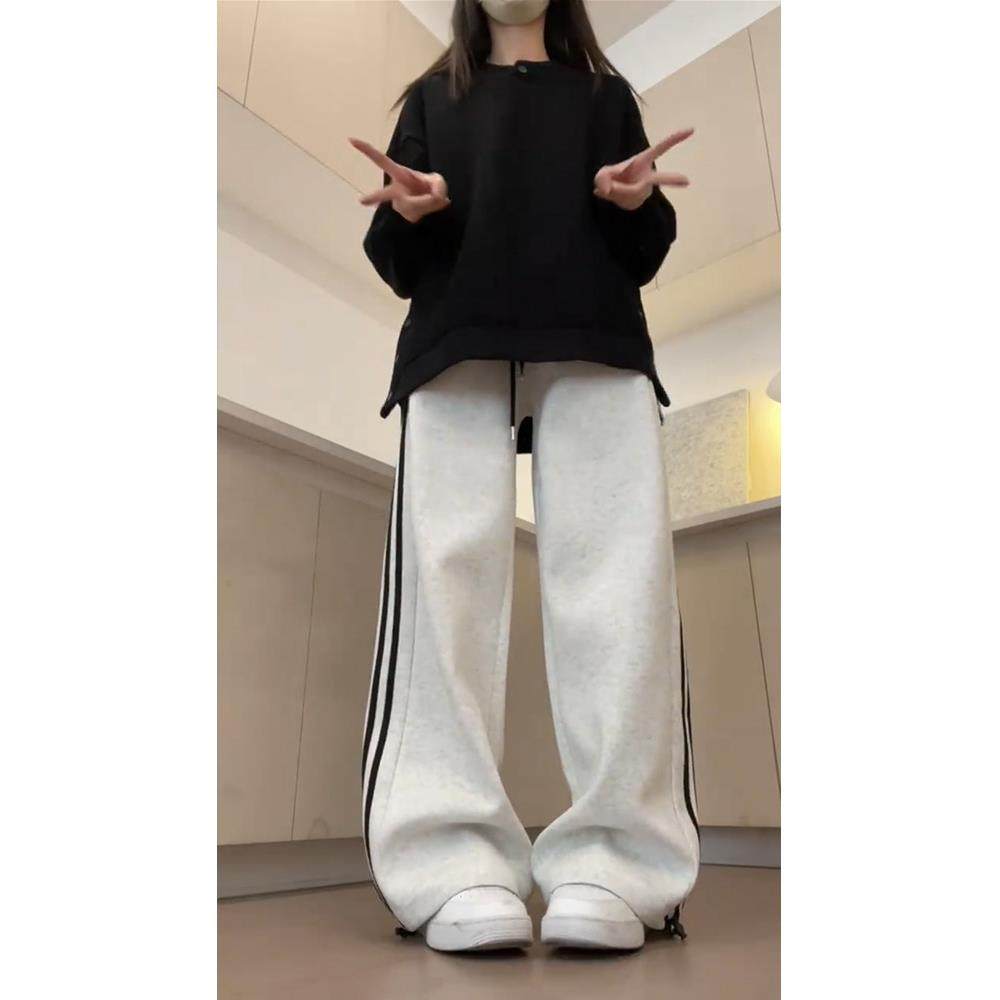 白灰色条纹运动裤女款 秋冬加绒直筒裤 梨型身材显瘦卫裤 高腰阔,淘宝优惠券,粉丝福利购,淘宝优惠卷