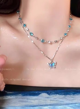 夏日风蓝色蝴蝶项链女生清凉高级感设计锁骨链双层小众choker