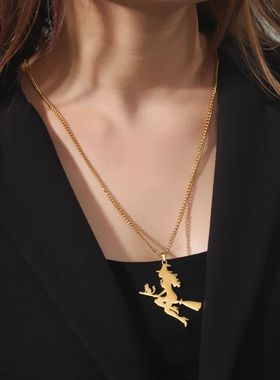 跨境欧美热销嘻哈天际巫师扫帚猫毛衣链18K真金电镀钛钢首饰