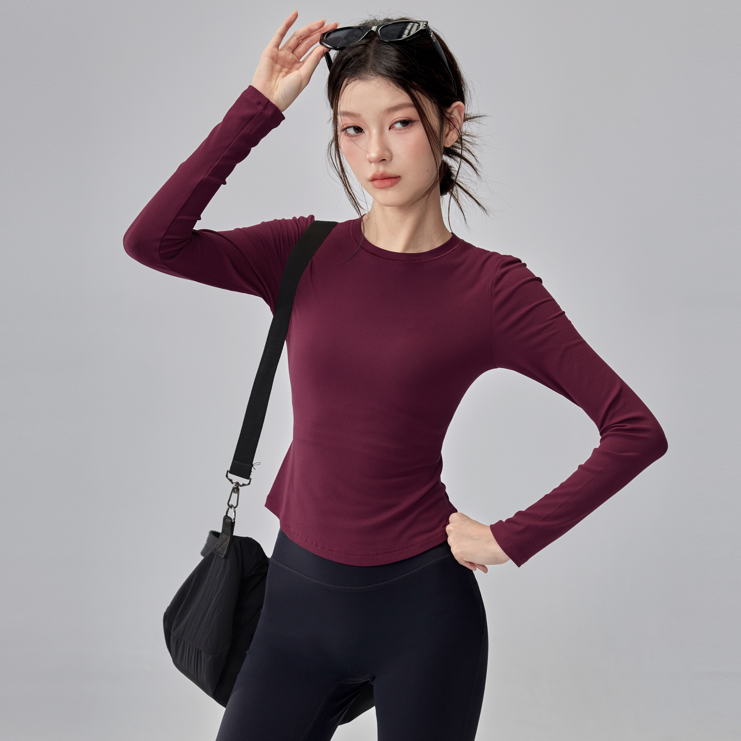 弹力运动T恤女天丝莫代尔螺纹瑜伽服紧身显瘦跑步健身长袖上衣新,淘宝优惠券,粉丝福利购,淘宝优惠卷