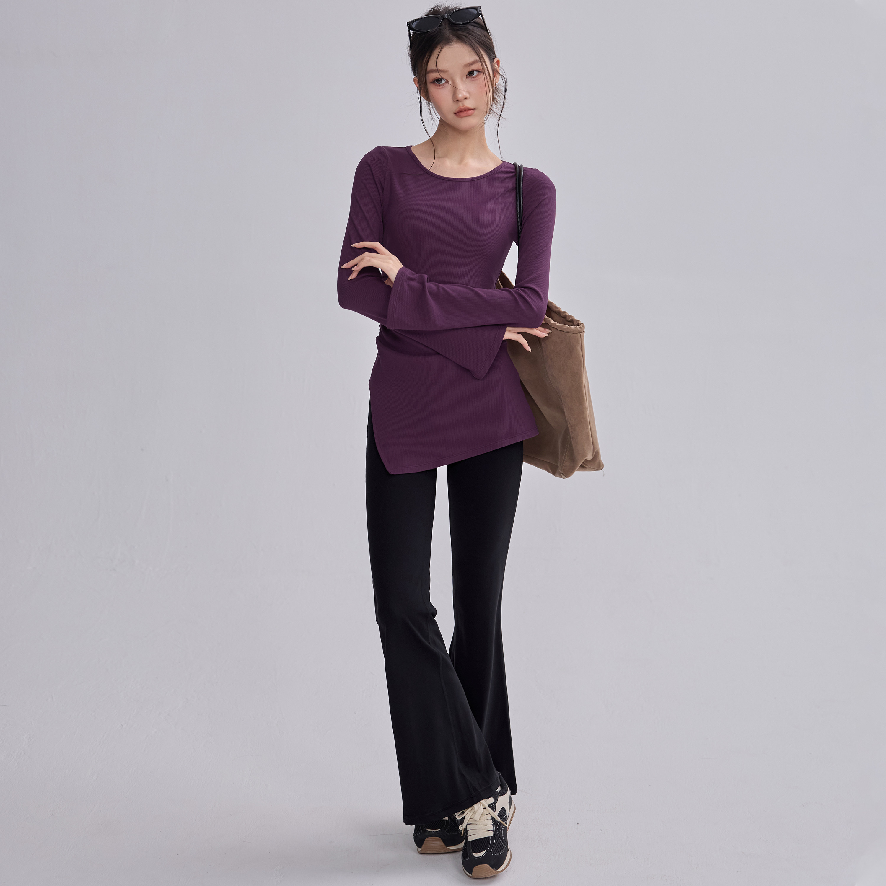 2026新款绝绝紫瑜伽T恤中长款开叉长袖显瘦健身普拉提运动上衣冬,淘宝优惠券,粉丝福利购,淘宝优惠卷