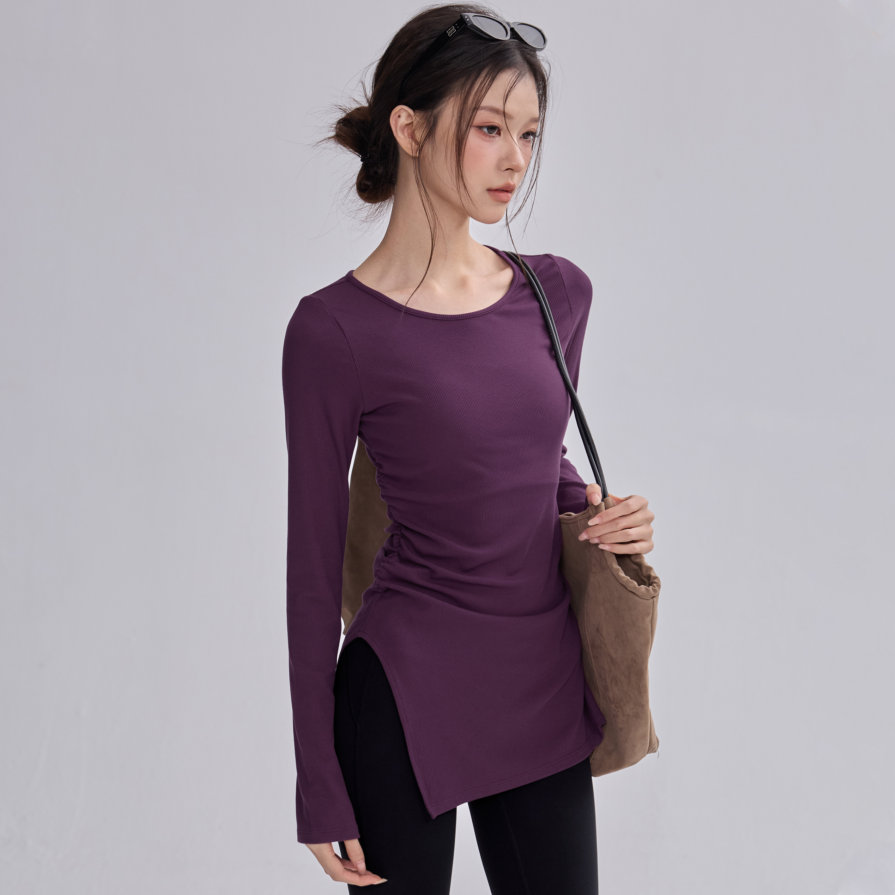 2026新款绝绝紫瑜伽T恤中长款开叉长袖显瘦健身普拉提运动上衣冬,淘宝优惠券,粉丝福利购,淘宝优惠卷