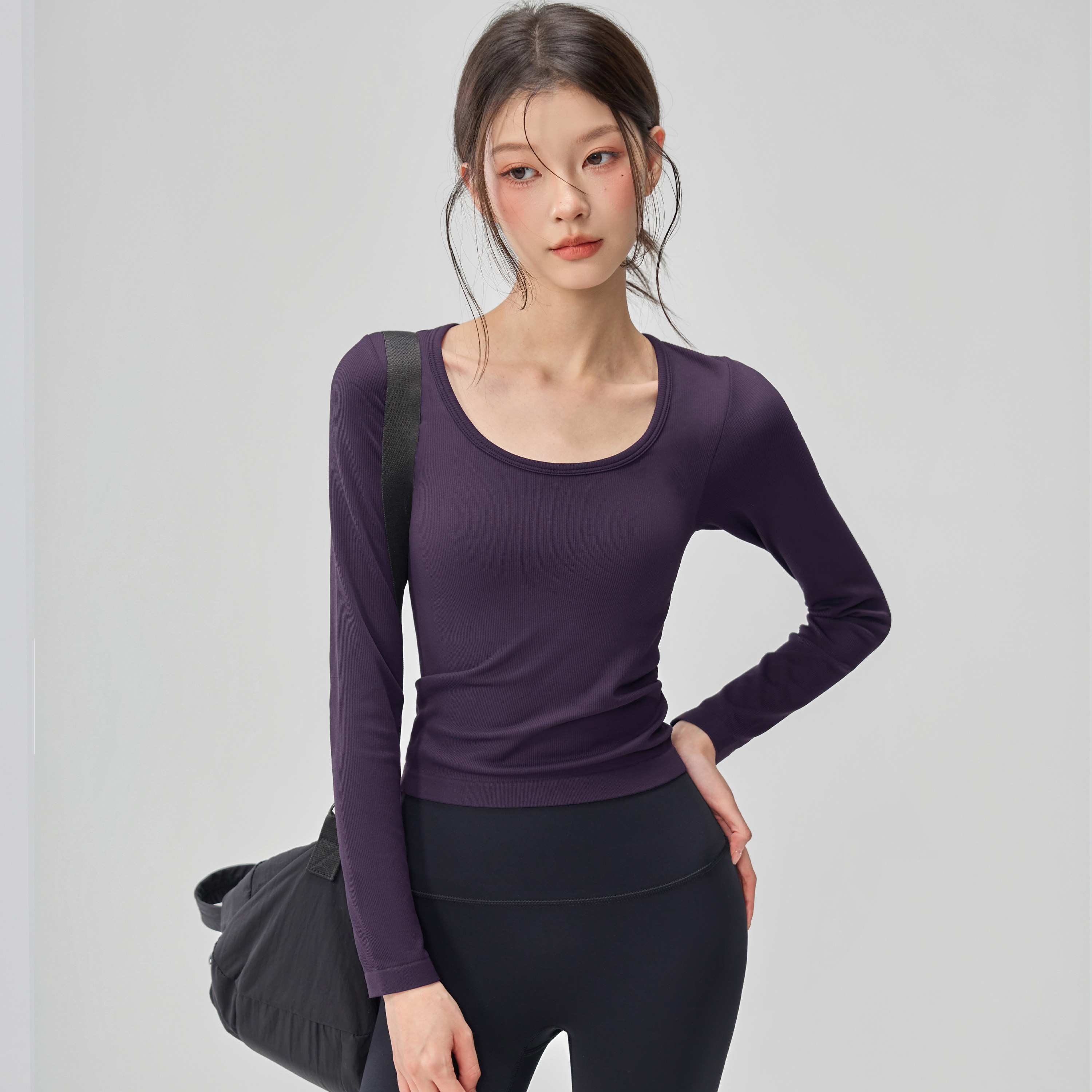 秋冬瑜伽服T恤女U领带胸垫显瘦运动上衣长袖弹力外穿普拉提健身衣,淘宝优惠券,粉丝福利购,淘宝优惠卷