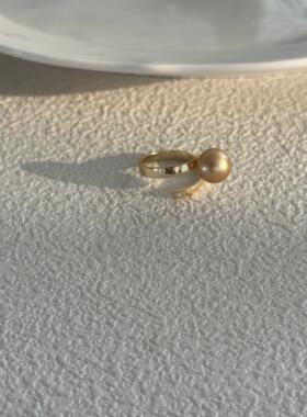 戒指银镀金18K高级感轻奢小众设计精致简约百搭淡水金珠双层指环