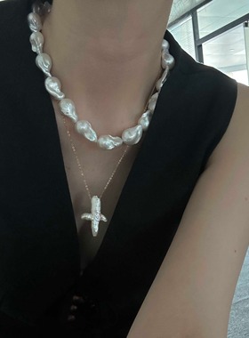 银镀金甜酷个性十字架珍珠项链