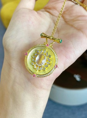 天然水沫玉护心镜吊坠925银电镀黄金项链平安符冰玻璃种翡翠石ins