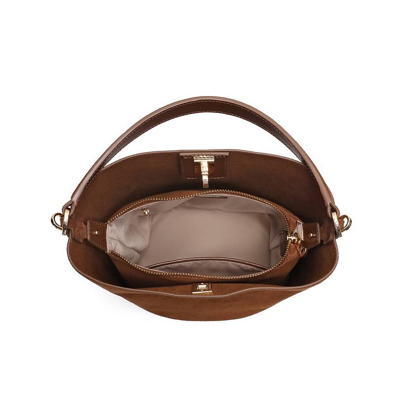 专柜正品百丽2024冬新包包女复古反绒单肩斜挎手提水桶包BL801DX4 - 图1