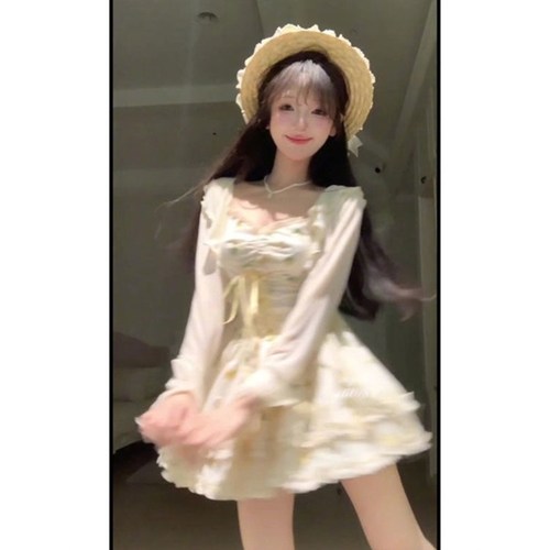 韩系氛围感穿搭少女甜妹冷淡夏日精致上衣蓬蓬蛋糕长裙吊带连衣裙 - 图2