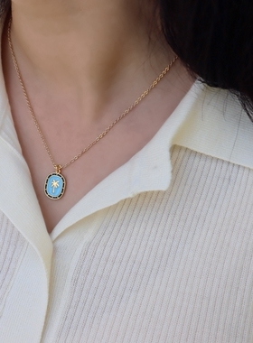 欧美复古蓝色珐琅棕榈树珍珠