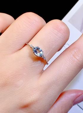 天然海蓝宝镶S925纯银戒指日韩轻奢小清新小众设计百搭彩宝首饰指