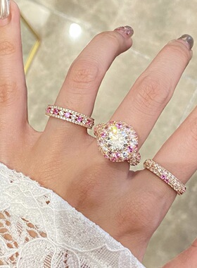 S925纯银玫瑰殿下红刚玉粉钻甜甜圈中古风戒指女合集叠戴美拉德风