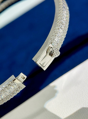 S925纯银精工高级感满钻梯T方钻手镯轻奢密镶排钻闪钻仿真钻手环