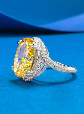 鑫葆康珠宝轻奢新款S925银10*15椭圆黄钻冰花切戒指鸽子蛋时尚款