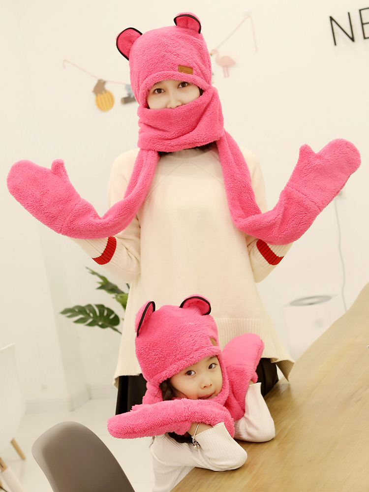 韩版亲子围巾手套三件一体冬季保暖加厚围脖宝宝男女童可爱毛绒帽