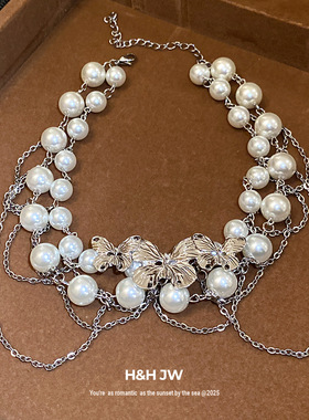 新款双层珍珠串珠蝴蝶项链法式复古精致时尚锁骨链轻奢高级感项饰